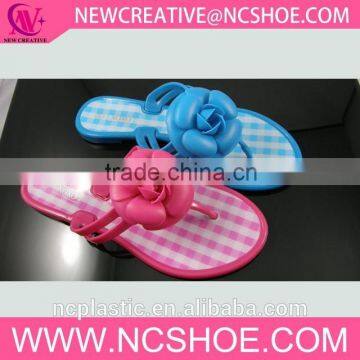 plaid printing thong women flip flop PVC slipper with flower