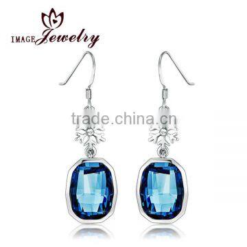 2014 new design 925 silver colorful glass jewelry drop earrings,glass double facted cut cushion earrings