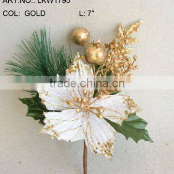 New Artificial Christmas Gold Poinsettia Pick 7" Artificial Polyfoam With Berries and Pineneedle Pick