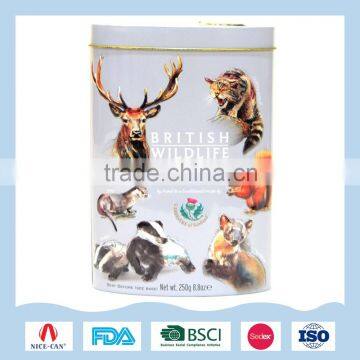 Oval wildlife animals picture tin box for pet food storage