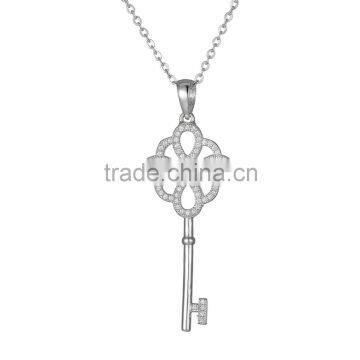 Women jewelry 925 sterling silver zircon key shape necklace