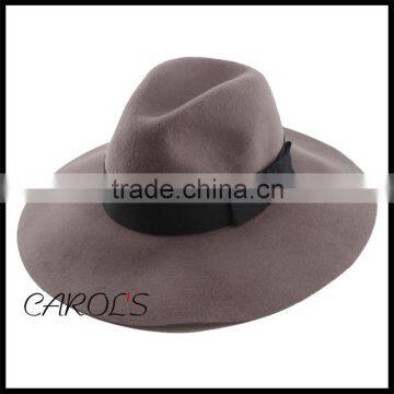 100% Australian wool felt grey fedora hat flat big brim cap for lady