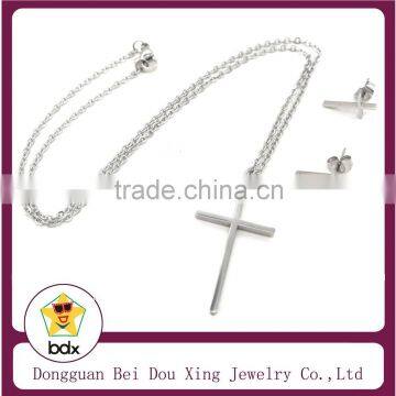 Silver Stainless Steel Religious Jesus Cross Charm Pendant And Stud Earrings Necklace Jewelry Set For Belief Jesus Christians