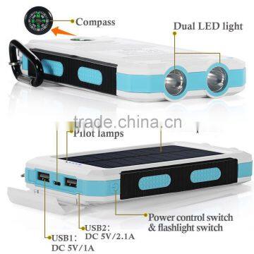 2016 Trending Products 10000mAh Lithium Polymer Battery IP67 Waterproof Solar Power Bank With Flashlight Compass for Outdoor photo-2
