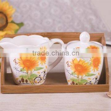 Wholesale Ceramic Creamer and Sugar Canister Set with Bamboo Stand