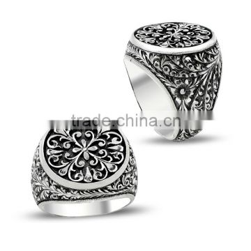 925K Sterling Silver Art Design Carved Turkish Men Round Ring Handmade