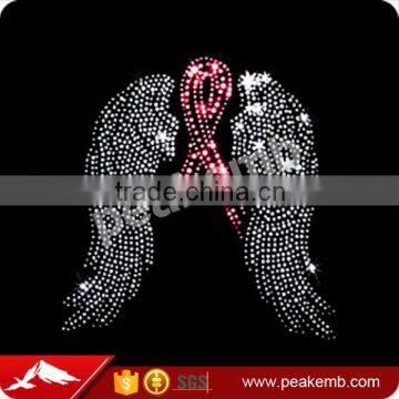 Ribbon with Wing Breast Cancer Awareness iron on crystal transfers Wholesale