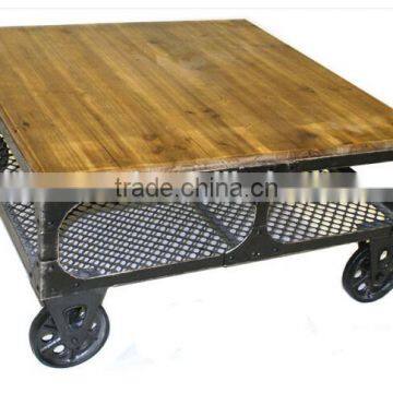 Industrial rustic wood top Coffee table with wheels