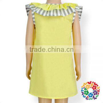 Wholesale Summer Fashion Grey Stripe Ruffle Neck Sleeveless Cotton Yellow Kids Girls Dress photo-4
