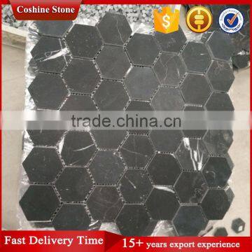 Honed surface hexagon shaped black nero marquina marble mosaic art floor tile