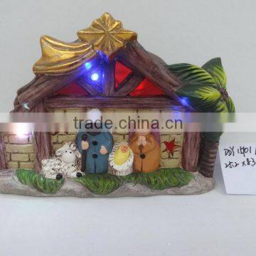 Antique ceramic nativity house scene figurines set with led lights