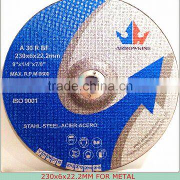 9"(230x6x22.2mm) Depressed Center Resin Bonded Reinforced Grinding Wheel For Metal