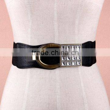 Wholesale rhinestone paved ring type alloy buckle sex women lady wide PU waist belt