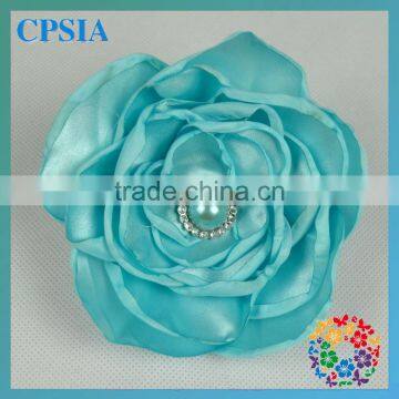 Cheap Wolesale Artificial Flower Aqua Satin Flower With Pearls Beautiful Decoration Wedding Flower