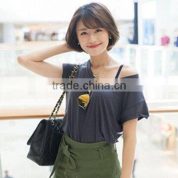 Women fashion simple V neck short sleeve black simple short casual Tee shirt