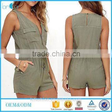 2017 summer new olive color women sexy jumpsuit with zip front