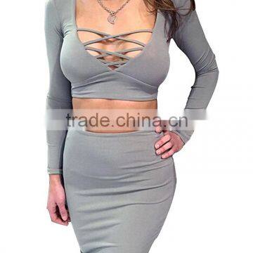 Pictures of Long Skirts and Tops for Sexy Womens 2Pcs Crop Top Midi Skirt Stretch Party Bandage Dresses photo-4