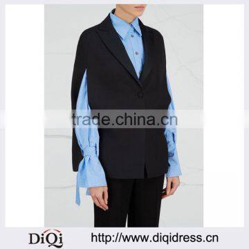 Wholesale Ladies Apparel Front Slip Pockets Black Wool and Silk Blend Cape(DQE0368C)