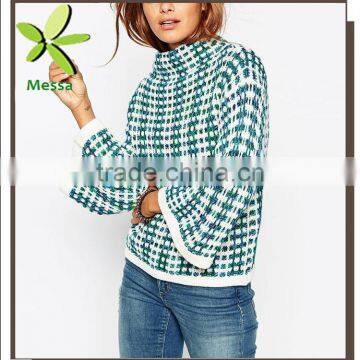 High Fashion High Neck Jumper Women Knitwear In Stitch Pattern With Wide Sleeve