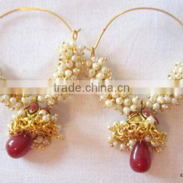 pearl hoop bollywood gold tone dangler jhumka EARRINGS