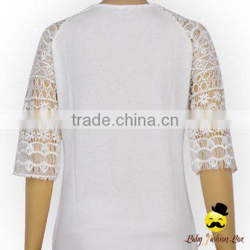 Wholesale Western Women Transparent Lace Floral Half Sleeve Cotton Harem Raglan Lady Modern Shirt Top Blouse