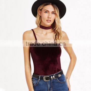 Velvet V-neck Top With Choker, Ladies Sexy Tank Top photo-4