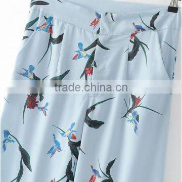 2017 China Wholesale Cotton Women Long Trousers Printed Bird Pattern Light Blue Pants Trousers photo-5