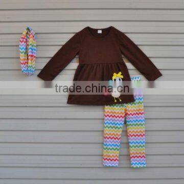 Girls boutique thanksgiving outfits turkey embroidery colthing and color stripe pants kids sets