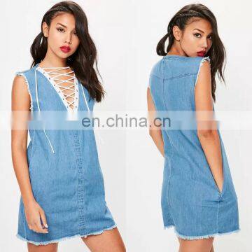 Modern Blue Lace Front Fray Hem Denim Mini Dress 2017