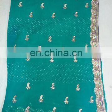 Ethnic Green Handmade Havey Stone with Moti Work Georgette Saree Sari