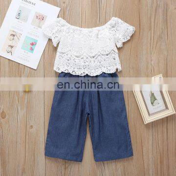 Children's two-piece lace top denim pants set girl summer suit wholesale price