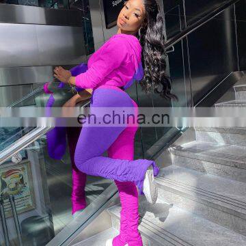 Plain Loose 2 Pieces Drawstring Jogger Stacked Sweatpants Women Causal Color Matching Hoodie Set photo-4