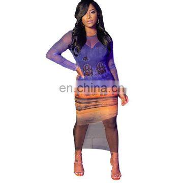 LAITE D2199 Autumn&winter See-through Maxi Casual Dresses Women Fashion Printed Sexy Dresses photo-2