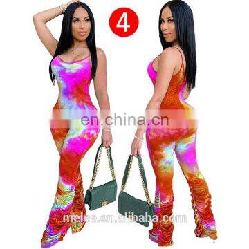 Women Sleeveless Tie Dye Print Skinny Spaghetti Strap Bodycon Long Stacked Bell Bottom Flare Jumpsuit Romper One Piece Outfit photo-4