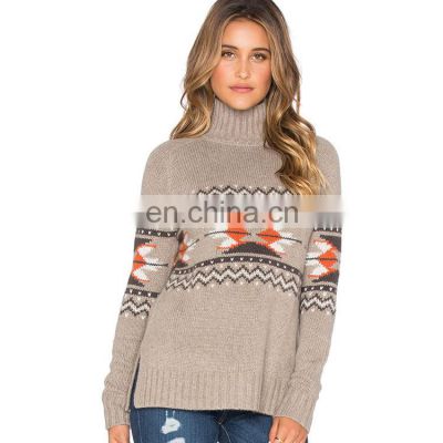 High neck merino wool intarsia knit sweater for laadies