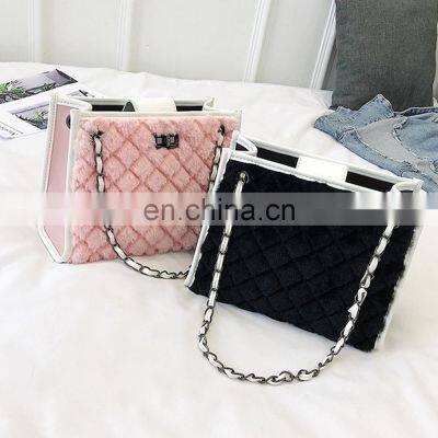 Women Plush Handbag Shopping Bags Large Capacity Tote Diamond Lattice Winter Faux Fur Chain Bag New Contrast Color Crossbody Bag photo-2