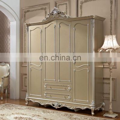 Classic Golden royal Bedroom Furniture wooden antique closet with drawer 4 door wardrobe cabinet