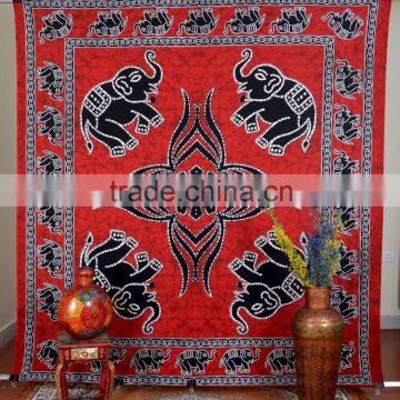 Indian Tapestry Cotton Elephants Print Red Vintage Wall Hanging Tapestries Throw Mandala Print Bedsheet