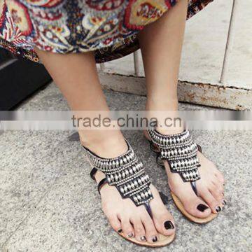 C89522A European Women Bohemia Beaded Falt Sandals big size lady shoes