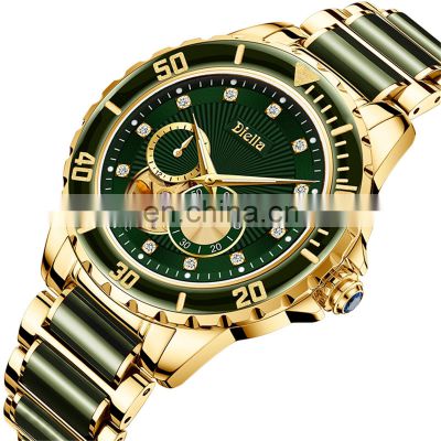 Diellea Men's Mechanical Automatic Jade Gold watch hollow business luxury Sapphire Diamon Couple Pair Watch 6025