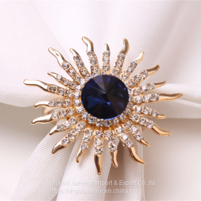 Sparkling Blue Artificial Crystal Diamond Sun Flower Rhinestones Napkin Rings Holders