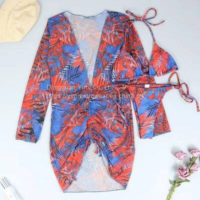 3 Pieces Ladies Women Printed Sexy Swimsuit Bikini Swimwear With Cover-Up photo-2