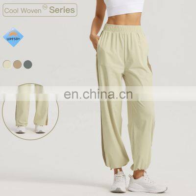 Contrasting Color High Waist Sports Loose Pants Pockets Custom Breathable Adjustable Drawstring Yoga Leggings