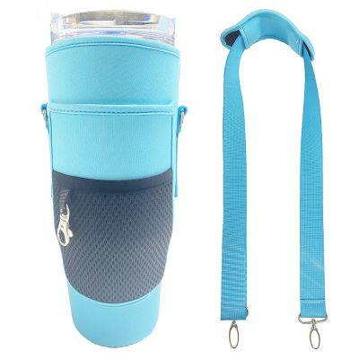 Custom Tumbler Pouch Reusable Insulated Neoprene 40oz Tumbler Sleeve Water Bottle Carrier With Pocket and Shoulder Strap photo-3