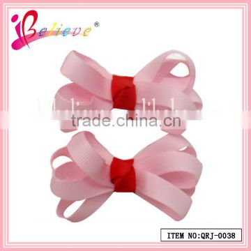 High quality pink grosgrain ribbon bow hair clips wholesale for valentines day hair bow (QRJ-0038)