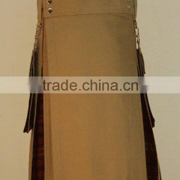 Khaki Deluxe Utility Two Tone Kilt With Two Side Cargo Detachable Pockets On Both Side Made Of Brushed Cotton Material