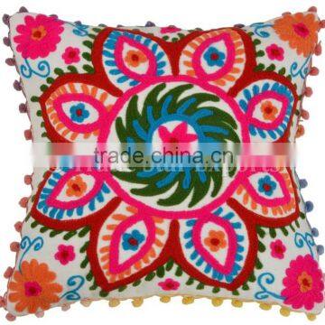 Suzani Cushion Cover Embroidered Pillow Cover Decorative Indian Pillow Case Boho Pom Pom Outdoor Cushions