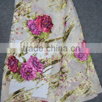 African Cream Silk Lace Fabric With Velvet Flowers in China Quality Choice