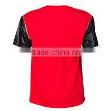 PU sleeve and pocket leather t shirt for men/Custom wholesale high quality short sleeve leather T shirt for men/BLACK LEATHER