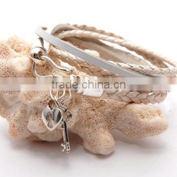 KEY to MY HEART White and Metallic Pearl Leather Double Wrap Charm Bracelet Gift